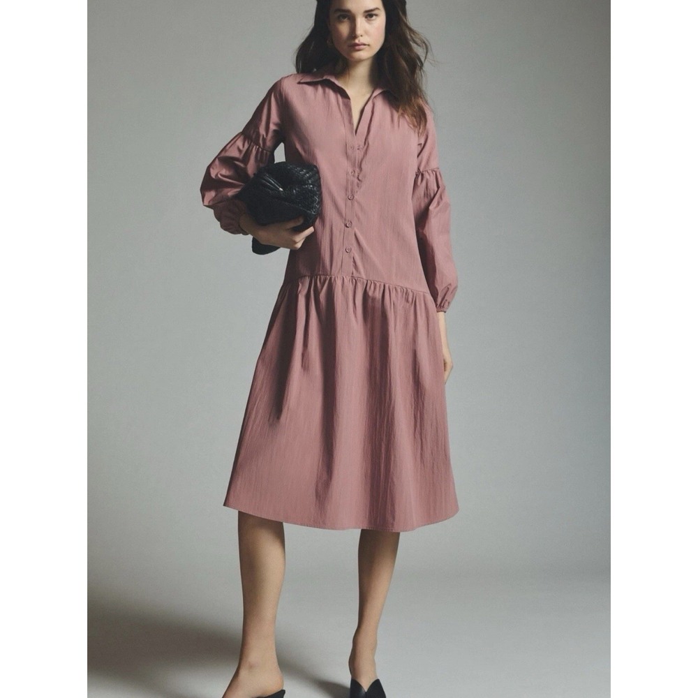 Maeve Anthropologie Taffeta Pink Shirt Dress Balloon Sleeve‎ Midi Boho XXS